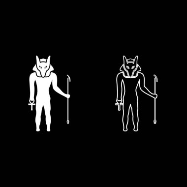 Çakal başlı Anubis tanrısı eski Mısır Tanrısı 'nın asası ve Anch çapraz silueti mistik set beyaz renk vektör çizimi basit düz çizgi dış hatları ince düz stil