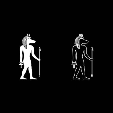 Çakal başlı Anubis tanrısı eski Mısır Tanrısı 'nın asası ve Anch çapraz silueti mistik set beyaz renk vektör çizimi basit düz çizgi dış hatları ince düz stil