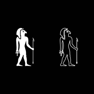 Ra Antik Mısır güneş tanrısı, şahin başlı ikon, beyaz renk vektör, çizim, düz çizgi, ince düz çizgi.