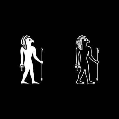 Mısır güneş tanrısı Ra Kadim ve şahin başlı simge seti beyaz renk vektör illüstrasyon görüntüsü düz çizgi dış hatları ince düz