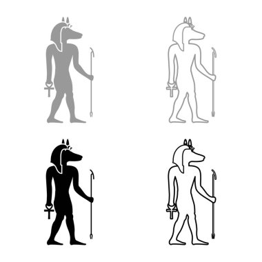 Çakal başlı Anubis tanrısı eski Mısır Tanrısı 'nın asası ve Anch haçı silueti efsanevi set simgesi gri siyah renk vektör çizimi basit düz çizgi dış hatları ince düz stil