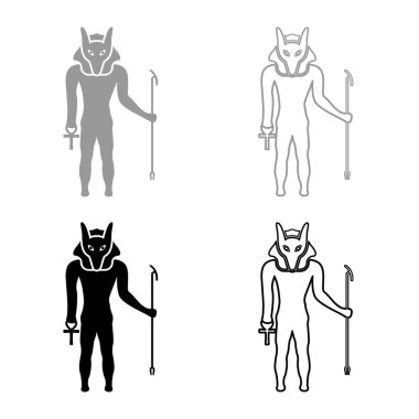 Çakal başlı Anubis tanrısı eski Mısır Tanrısı 'nın asası ve Anch haçı silueti efsanevi set simgesi gri siyah renk vektör çizimi basit düz çizgi dış hatları ince düz stil