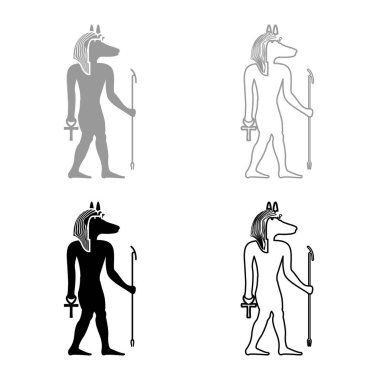 Çakal başlı Anubis tanrısı eski Mısır Tanrısı 'nın asası ve Anch haçı silueti efsanevi set simgesi gri siyah renk vektör çizimi basit düz çizgi dış hatları ince düz stil