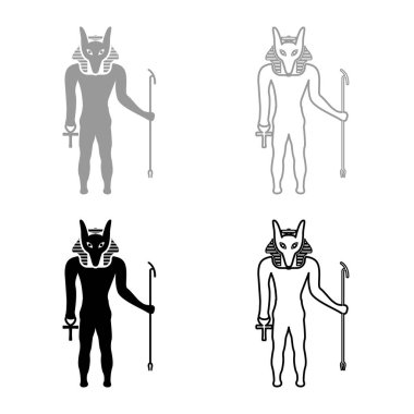 Çakal başlı Anubis tanrısı eski Mısır Tanrısı 'nın asası ve Anch haçı silueti efsanevi set simgesi gri siyah renk vektör çizimi basit düz çizgi dış hatları ince düz stil