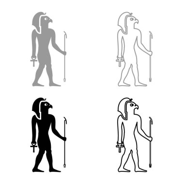 Ra Eski Mısır güneş tanrısı şahin başlı ikon gri siyah renk vektör çizimi basit katı dolgu dış hat ince düz stil