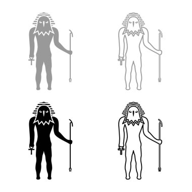 Mısır güneş tanrısı Ra Kadim ve şahin başlı simge seti simgesi gri siyah renk vektör illüstrasyon görüntüsü düz çizgi çizgisi ince düz çizgi