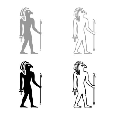 Mısır güneş tanrısı Ra Kadim ve şahin başlı simge seti simgesi gri siyah renk vektör illüstrasyon görüntüsü düz çizgi çizgisi ince düz çizgi