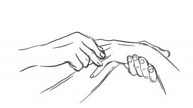 İki insan eli çizimi. Bir el yüzüğü diğer elin parmağına takar. Siyah mürekkep grafikleri. El çizimi görüntüler. Taslak konsepti. Tek renkli klipsli sanat. Canlandırma kapat