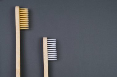 Düz bir yüzeye yan yana yerleştirilmiş bir çift diş fırçası, kılları ve sapları görünür..