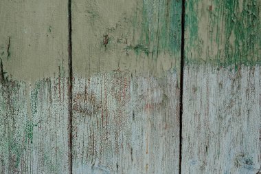 Ahşap paneller yeşil ve gri tonlarında kabuk soyulmuş katmanlar sergiliyor, kırsal ve yaşlanmış bir görünüm yaratıyor..