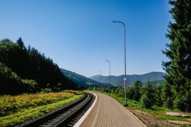 A serene train station features a long platform alongside the railway, surrounded by lush greenery and distant mountains under a clear blue sky. clipart