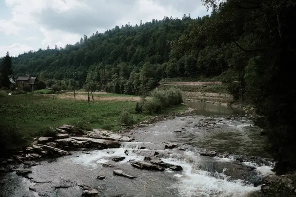 stock image A serene view of a river winding through lush greenery, with rocky banks and a distant rustic house under an overcast sky.