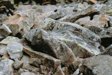 Çeşitli yıpranmış kayalar ve taşlar yoğun bir şekilde yerde bir araya toplanmış ve doğal güneş ışığı altında eşsiz doku ve renkleri göstermektedir..