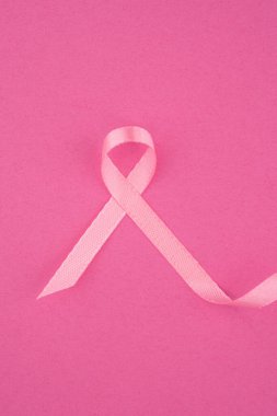 A pink ribbon is displayed prominently against a solid pink background, representing awareness. clipart