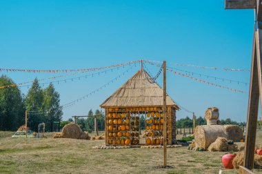 Açık mavi bir gökyüzünün altında, sazdan yapılmış bir kır çatısı canlı bir balkabağı görünümüne sahiptir. Samanların etrafındaki balyalar ve şenlikli dekorasyonlar bu kırsal bölgenin neşeli sonbahar atmosferine katkıda bulunuyor..