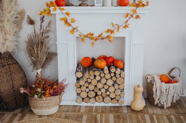 Sıcak atmosfer balkabaklarını ve kurutulmuş bitkileri şöminenin yanında ustalıkla dizer..