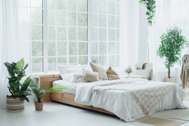 Bu davetkar yatak odasında bir ahşap yatak, yumuşak çarşaflar ve pencerelerin yanında yemyeşil bitkiler var..