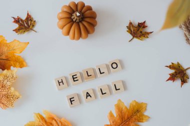 Renkli sonbahar yaprakları ahşap harfleri sarıyor. 