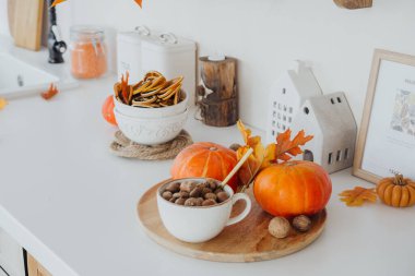 Neşeli bir balkabağı, fındık ve renkli yapraklar mutfak tezgahını aydınlatıyor..