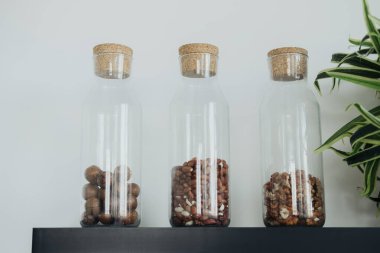 Farklı türde fındıklarla dolu üç temiz cam şişe siyah bir rafta açık renkli bir duvara karşı güzelce düzenlenir. Yeşil bir bitki doğaya bir dokunuş ekler..