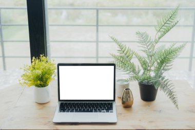 Bir dizüstü bilgisayar, parlak bir odada saksı bitkilerinin yanındaki tahta bir masada açık duruyor, doğal ışıkla yıkanmış. Sakin bir ortam üretkenlik için davetkar bir atmosfer yaratır..