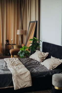 Yumuşak yastıklarla süslenmiş rahat bir yatak odası, şık bir lamba, bir ayna ve yemyeşil ile tamamlanmış, doğal ışıkta sakin bir atmosfer yaratıyor..