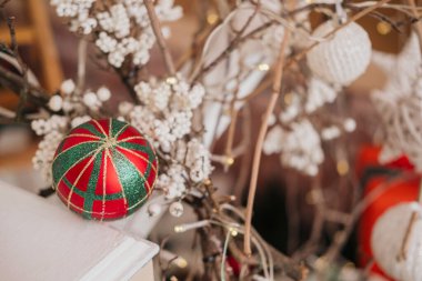 Parlak kırmızı ve yeşil bir Noel süsü, ışık ve beyaz yapraklarla süslenmiş ve sıcak bir tatil atmosferi oluşturan şenlikli bir dalın üzerinde duruyor. Karmaşık detaylar sezona neşe katıyor..