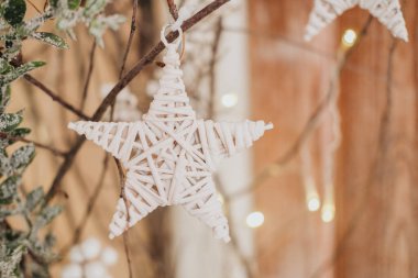 Güzelce işlenmiş örülmüş bir yıldız, yumuşak, parıldayan tatil ışıklarıyla çevrili narin bir daldan sarkıtılarak mevsim için huzurlu ve şenlikli bir atmosfer yaratıyor..