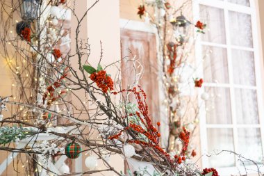 Delicate branches are creatively arranged indoors, decorated with bright red berries, white ornaments, and soft lighting, creating a warm and inviting winter atmosphere. clipart