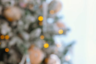 Güzel süslenmiş bir Noel ağacı odayı sıcak, pırıl pırıl ışıklar ve festival süsleriyle doldurarak tatil sezonu için samimi ve davetkar bir ortam yaratıyor..