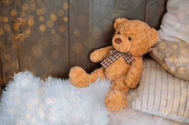 Kareli yaylı pofuduk bir oyuncak ayı sıcak, kırsal bir ortamda yumuşak yastıkların arasında rahatça oturur. Rahatlamak için büyüleyici ve davetkar bir atmosfer yaratır..