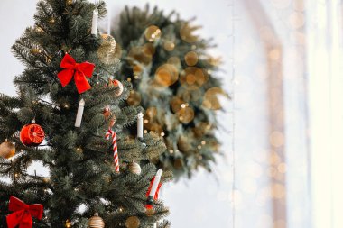 Güzel dekore edilmiş bir Noel ağacı kırmızı fiyonklar ve mumlarla süslenmiştir. Duvarda yemyeşil bir çelenk asılı, bu kapalı alanda rahat bir tatil atmosferi yaratıyor..