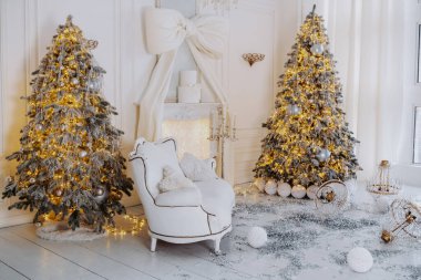 Ilık ışıklarla süslenmiş iki güzel Noel ağacı parlak bir kış odasını süslüyor. Rahat bir koltuk rahatlamaya davet ederken, bayram için neşeli bir atmosfer yaratıyor..