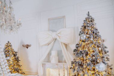 Güzel süslenmiş bir Noel ağacı zarif bir kış odasında duruyor. Parıldayan ışıklar ve gümüş süslemelerle, neşeli atmosferi güçlendiriyor, sıcak bir tatil ruhu yaratıyor..