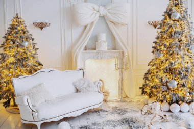 Güzel dekore edilmiş bir kış ortamında, iki süslü Noel ağacı, rahat beyaz bir kanepenin etrafını sarıyor. Peri ışıklarının sıcacık parıltısı ve narin süsler neşeli atmosferi güçlendirir..