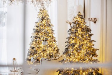 Çok güzel dekore edilmiş iki Noel ağacı sıcak bir kış ortamında aydınlanıyor. Parlayan ışıklar ve süsler, tatil kutlamaları için mükemmel büyülü bir atmosfer yaratıyor..