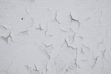 Beyaz bir duvara yakından bakınca belirgin bir çatlama ve soyulma görülüyor. Yüzey çeşitli aşınma şekilleri sergiler, yaşını ve kapalı bir ortamda rutubetin veya bakımsızlığın etkilerini vurgular..