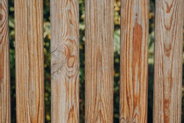 Bir dizi rustik ahşap çit panelleri, zengin yeşilliklerle dolu sakin bir bahçenin ortasında duran doğal dokularını ve tahıl desenlerini sergiliyor..