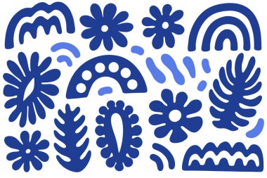 Canlı mavi ve beyaz arkaplanda renkli soyut botanik şekiller