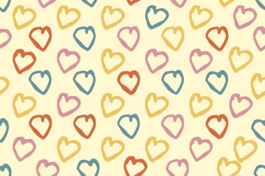 Renkli kalp desenleri tuvali şen şakrak şekillerle, parlak renklerle, pürüzsüz desenlerle dolduruyor.