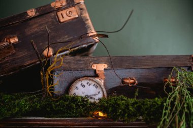 An old suitcase rests on a surface with a clock and lush greenery nearby. clipart