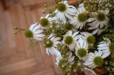 Fresh white flowers with green centers are beautifully arranged in a bouquet indoors. clipart