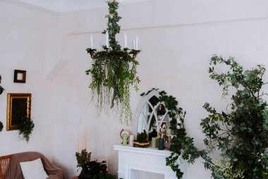 Yeşillik bitkiler ve sıcacık bir şömine dekoru içeren modern iç tasarım.