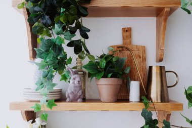 Ahşap bir rafta bitkiler, seramik ve şirin bir tavşan figürü sergileniyor..