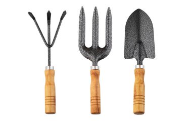 Beyaz arka planda izole edilmiş bitki ve toprak yetiştirmek için bahçe araçları koleksiyonu