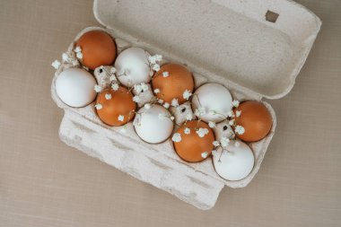 Kartonda Bebek Çelengi ile Beyaz ve Kahverengi Yumurtalar. Doğal sağlıklı gıda ve organik tarım konsepti. Kutudaki yumurtalar