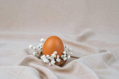 Çiçek yuvasında kahverengi yumurta. Paskalya yumurtası. Paskalya kuşağı. 