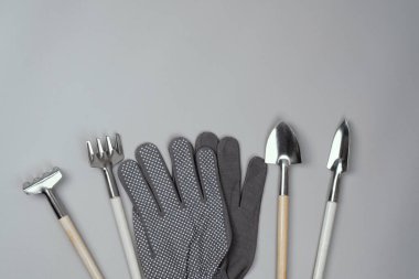 Gri Arkaplanda Eldivenli Bahçe Araçları