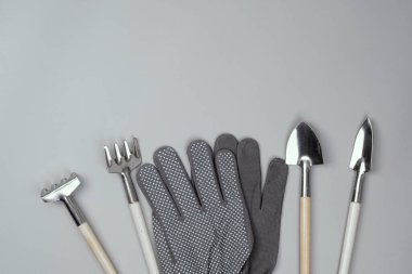 Gri Arkaplanda Eldivenli Bahçe Araçları