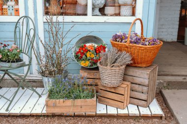 Parlak renkli çiçekler tuhaf bir dükkan girişinin yanındaki sepetlerde düzenlenir..